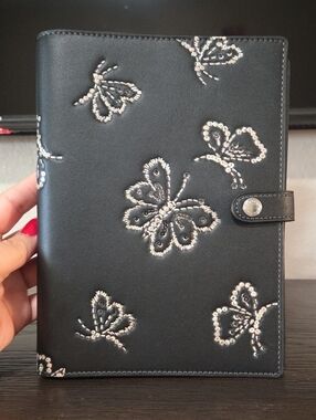 Coach Black Butterfly Embellished Faux Leather Notebook with Snap Closure